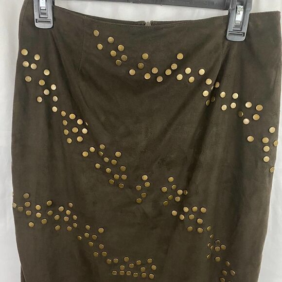 ICE Faux Suede Brown Leather Skirt with Medal Embellishments Size 8 - Picture 3 of 7